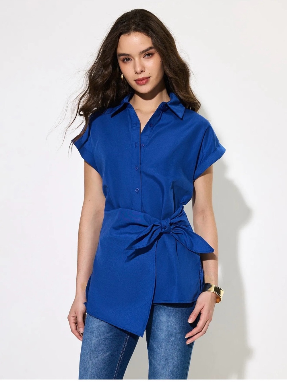 Zara ZW COLLECTION KNOTTED POPLIN SHIRT BLUISH XS EUC